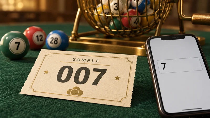 007 ဟု ရေးထားသော နမူနာထီလက်မှတ်၊ ထီဘောလုံးများနှင့် 7 သာကျန်သည့် ဖုန်းမှတ်တမ်း သရုပ်ဖော်ပုံ