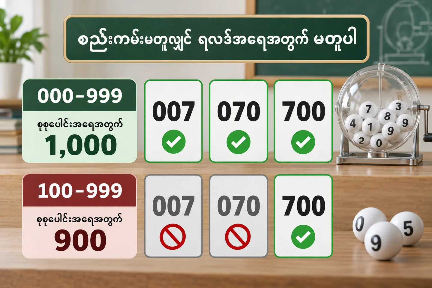 000–999 နှင့် 100–999 ပုံစံတို့ကို ခွဲတွက်နည်း ကိုပြထားသော စိတ်ကူးသင်္ချာနှင့် စာရင်းပုံ။