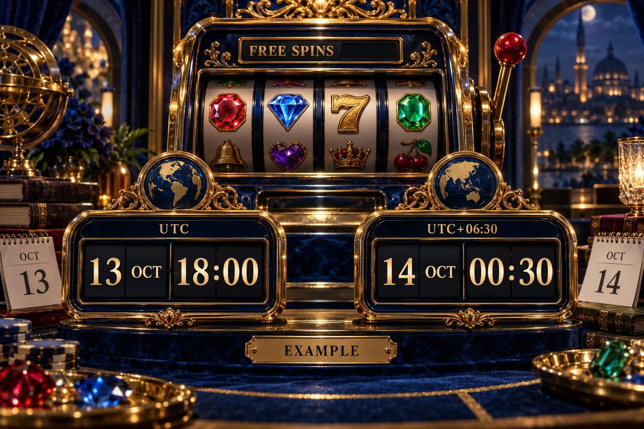 စိတ်ကူးslot machine ရှေ့တွင်13Oct18:00UTC နှင့်14Oct00:30UTC+06:30 တူညီသောအချိန်ကိုပြထားသည်။
