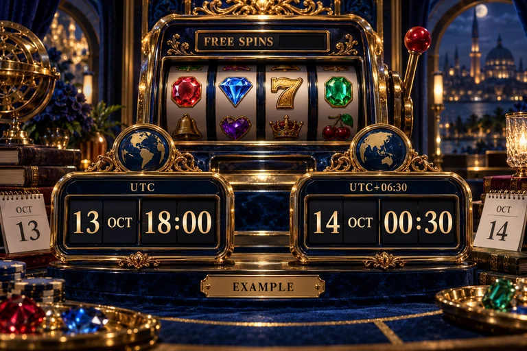 စိတ်ကူးslot machine ရှေ့တွင်13Oct18:00UTC နှင့်14Oct00:30UTC+06:30 တူညီသောအချိန်ကိုပြထားသည်။