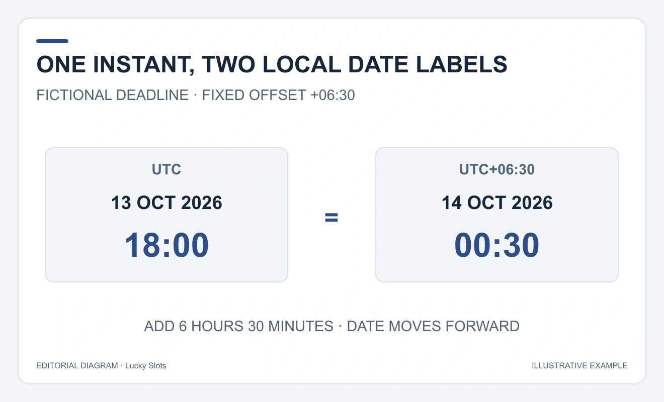 The same fictional expiry is13 October18:00UTC and14 October00:30 at offset+06:30.